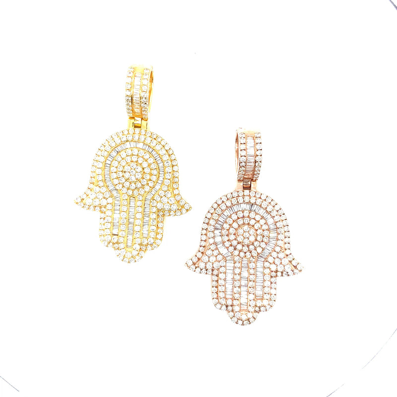 10K gold baguette and round diamond mix hamsa pendant