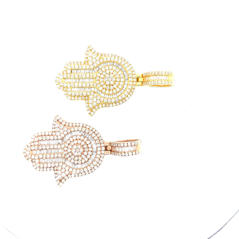 10K gold baguette and round diamond mix hamsa pendant