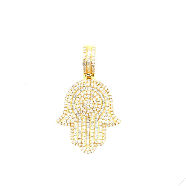 10K gold baguette and round diamond mix hamsa pendant