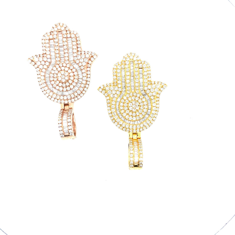 10K gold baguette and round diamond mix hamsa pendant