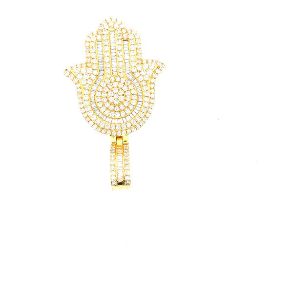 10K gold baguette and round diamond mix hamsa pendant