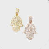 10K gold baguette and round diamond mix hamsa pendant